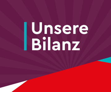 Überschrift "Unsere Bilanz" vor weiß-violett-rot-türkisem Hintergrund 