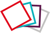 Icon von jeweils einem roten, einem türkisen, einem violetten und einem grauen Blatt Papier
